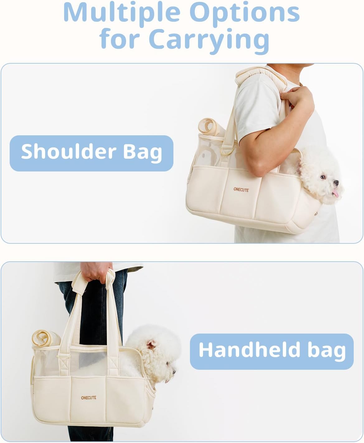 Dog Purse Carrier for Small Dogs Rabbit cat with Large Pockets, Cotton Bag, Dog Carrier Soft Sided, Collapsible Travel Puppy Carrier (Beige Breathable, 17.0" L x 7.5" W x 12.0" H)