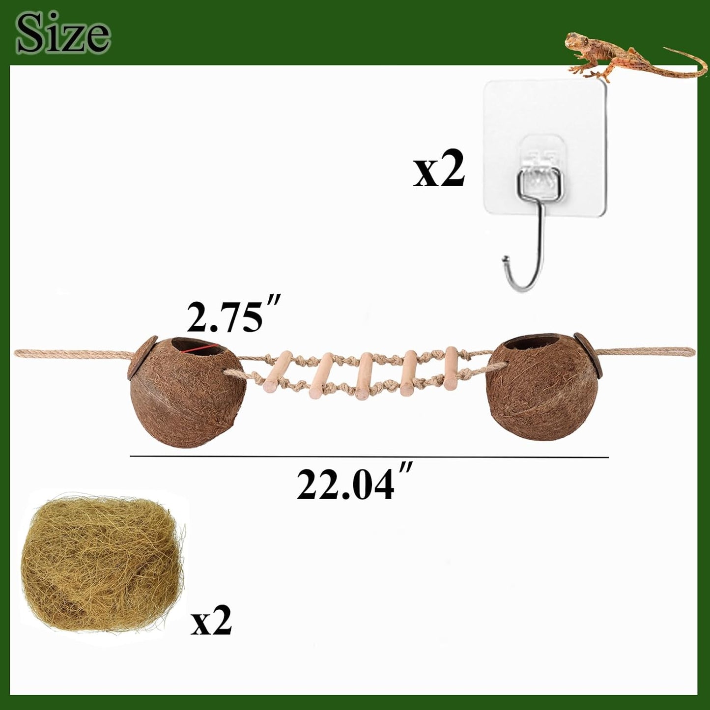 HERCOCCI Gecko Tank Accessories, Hermit Crab Toys Double Coconut Shell Natural Coconut Husk Hut with Climbing Ladder with Suction Cup for Leopard Gecko Snake Reptiles