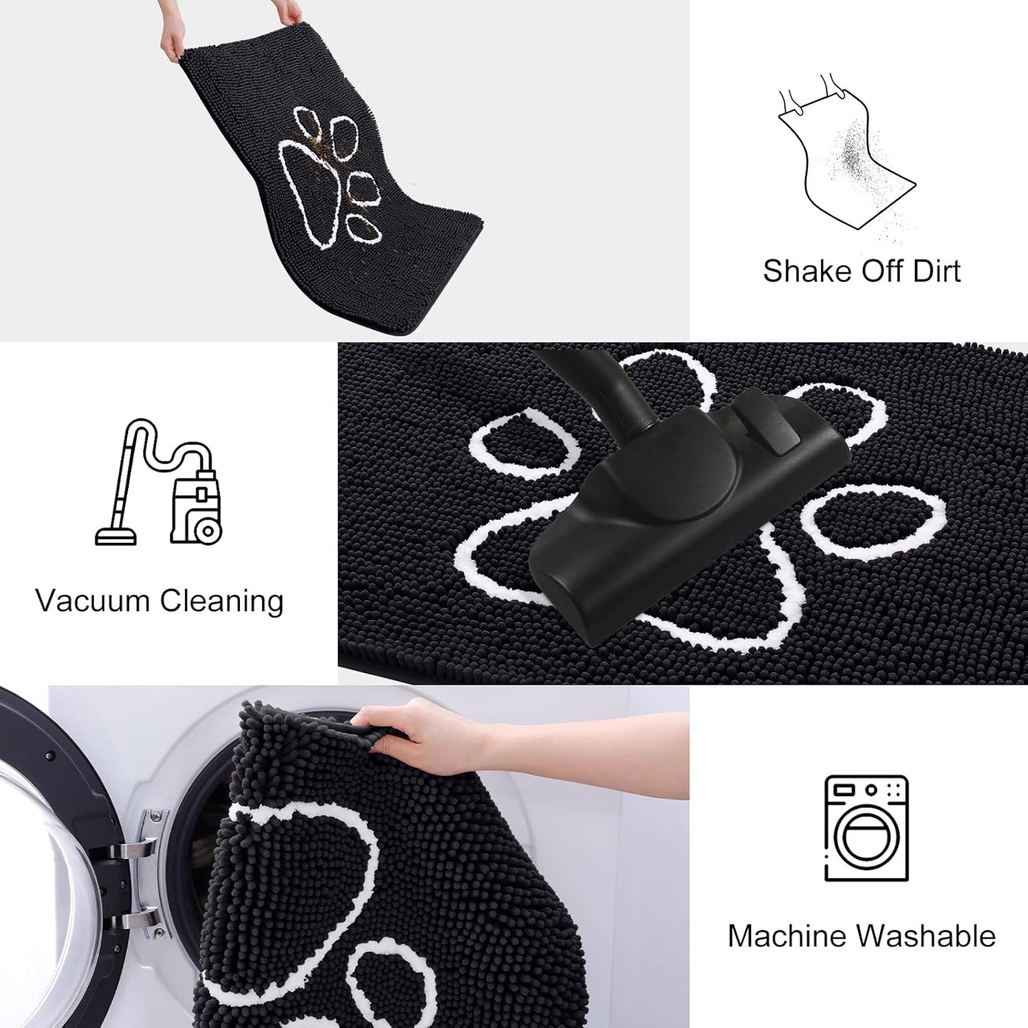 Smiry Dog Door Mat for Muddy Paws, Absorbent Dirt Trapper Non Slip Quick Dry Washable Chenille Mat for Mud Dogs, Entry Rug for Indoor and Outdoor (24x16 Inches, Black)