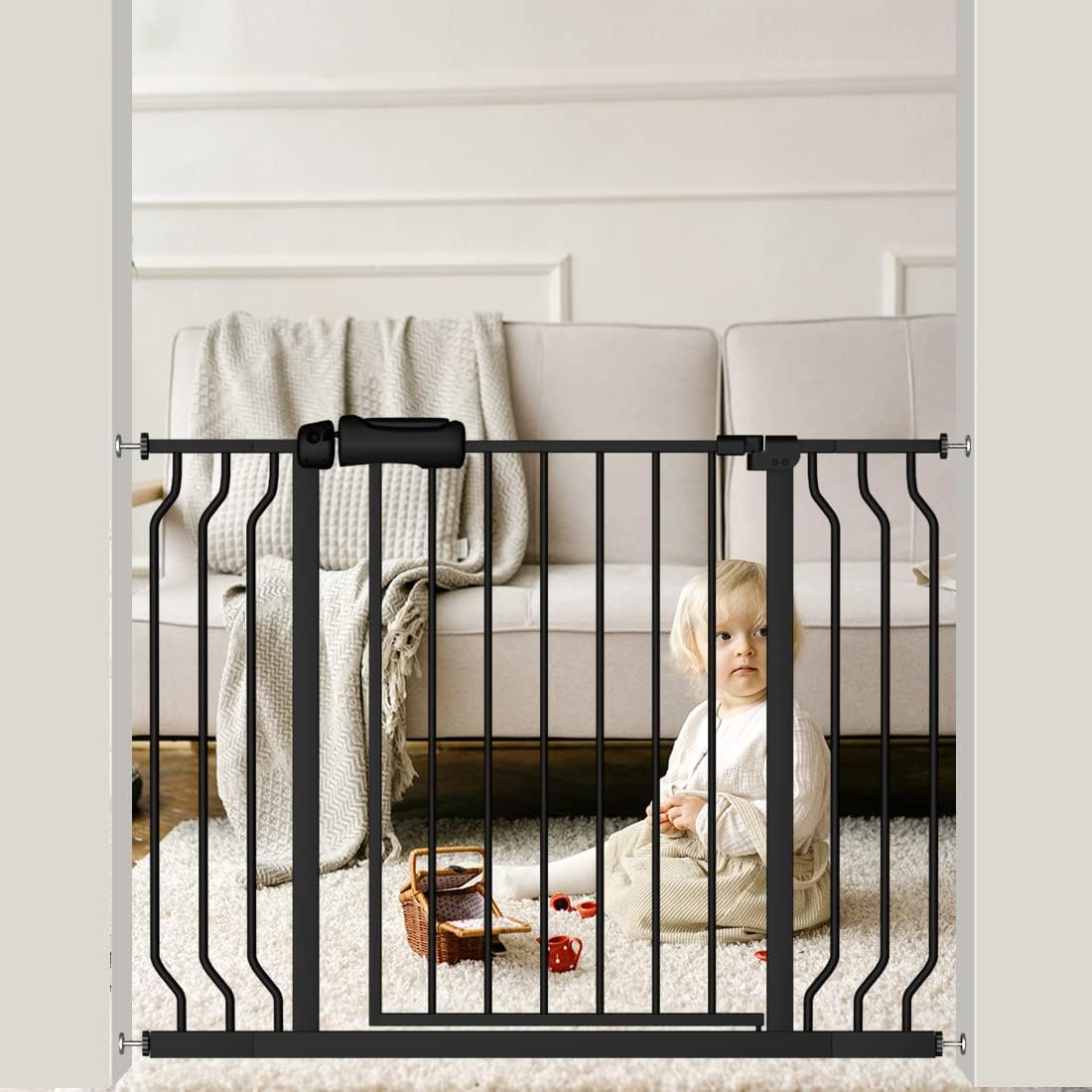 Extra Wide Black Baby Gate 38.5-43.5 Inch Walk Through Pressure Mounted Safety Gate No Drill Tension Metal Gate for Dog Cat and Infant Toddler