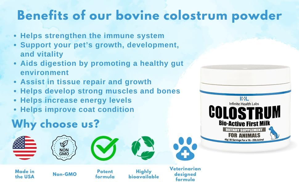 Bio-Active Bovine Colostrum for Dogs, Cats, Puppies, Kittens & Pets - Daily Colostrum Powder Supplement 40g (80 Servings)