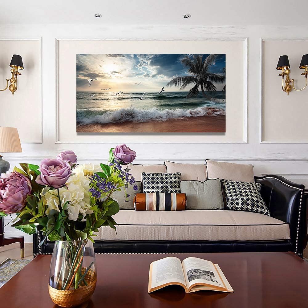Yxbhhym Large Canvas Wall Art Beach Ocean Prints Art Coast Sunset Sea Paintings Poster Scenery Picture Palm Artwork for Wall Art Living Room Bedroom Office Decorations Framed-30x60inches