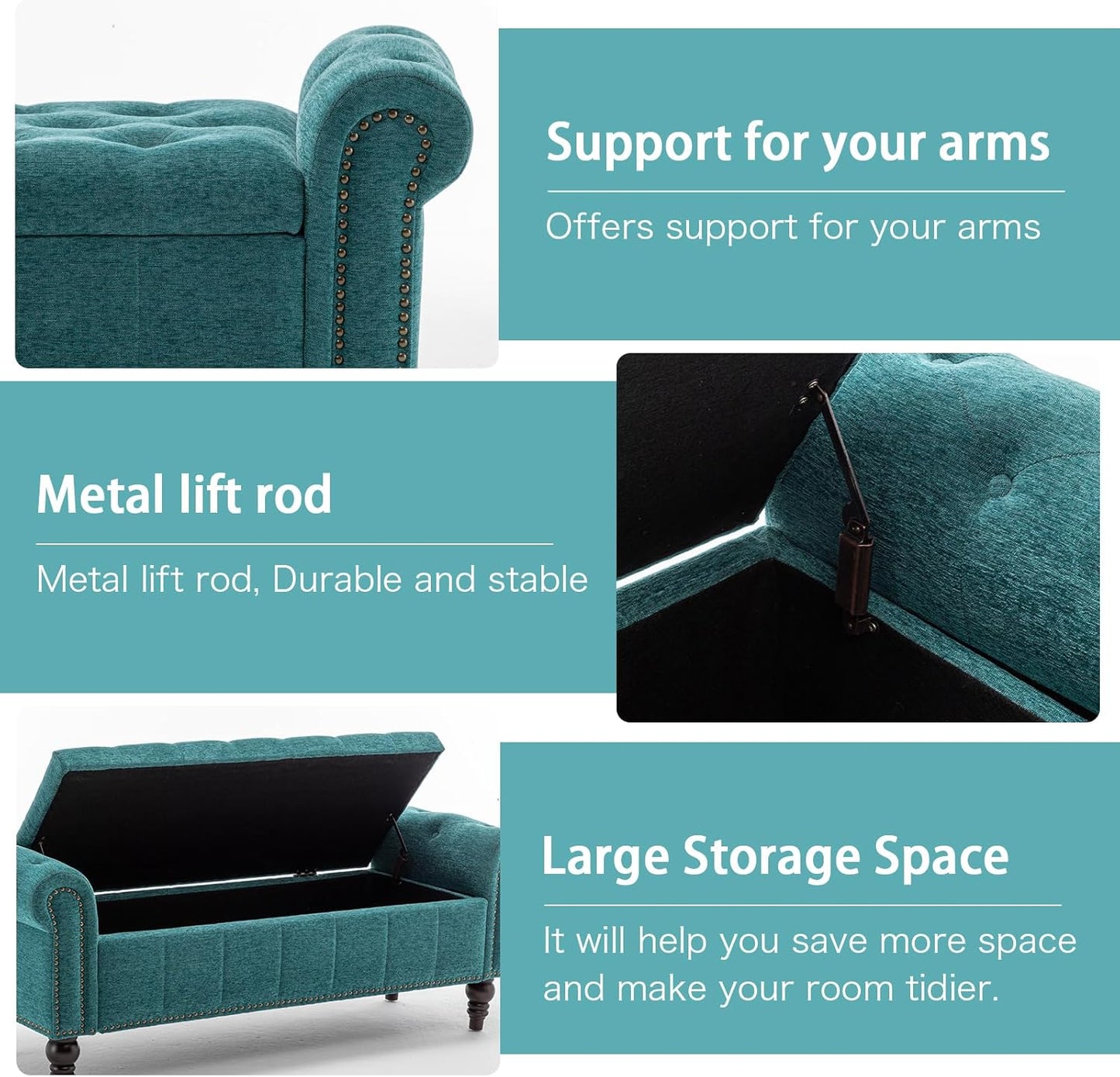 58’’ Storage Bench for Bedroom, Upholstered Button-Tufted Ottoman with Solid Wood Legs, Queen Size End of Bed Shoe Cabinet, Window Seat Foot Rest Stool for Entryway, Living Room (Teal)