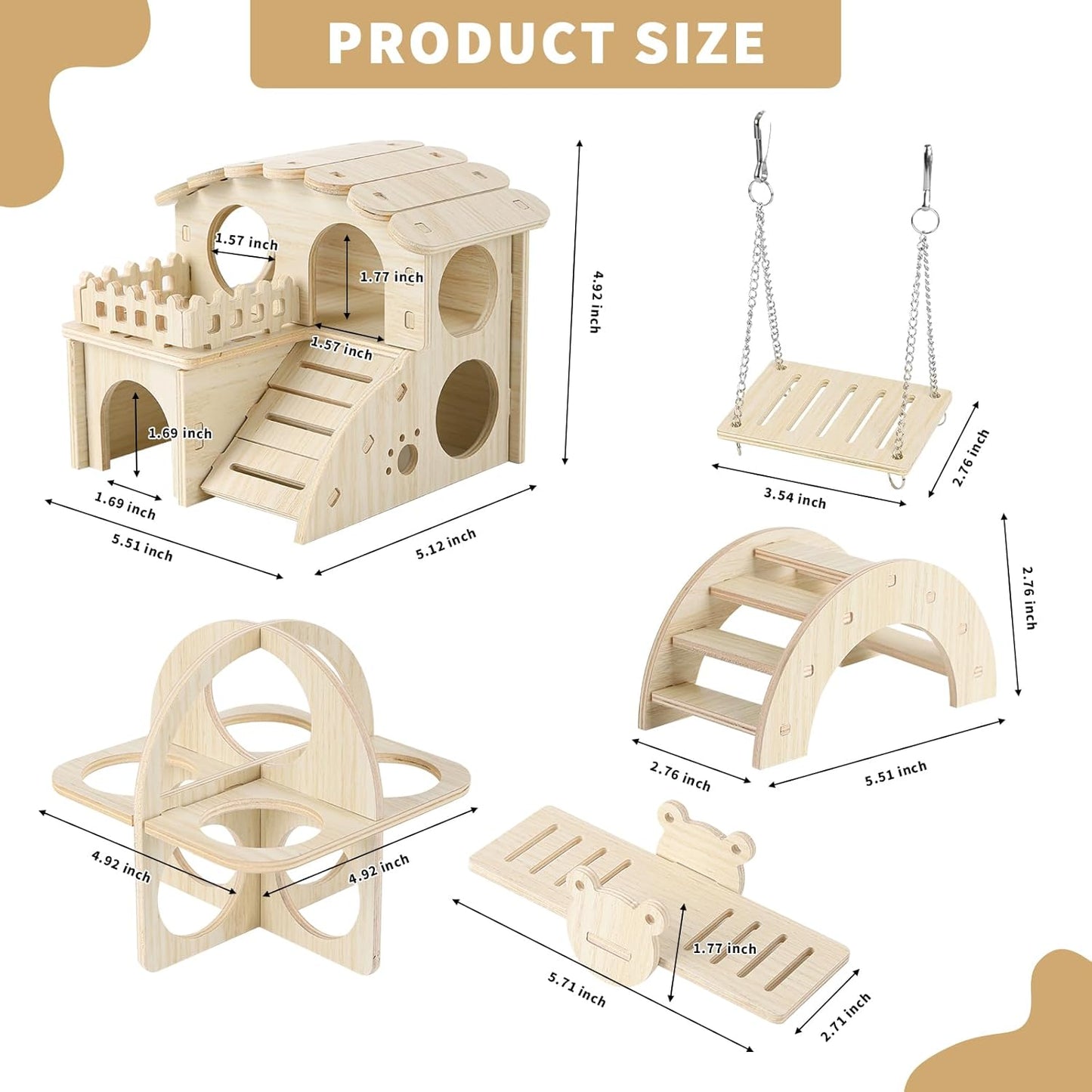 Wooden Hamster Toys 5-Piece Set - Natural Wood Hamster House, Swing, Climbing Ladder, Seesaw & Exercise Wheel - Small Animal Habitat Accessories for Dwarf Hamsters, Gerbils, Mice