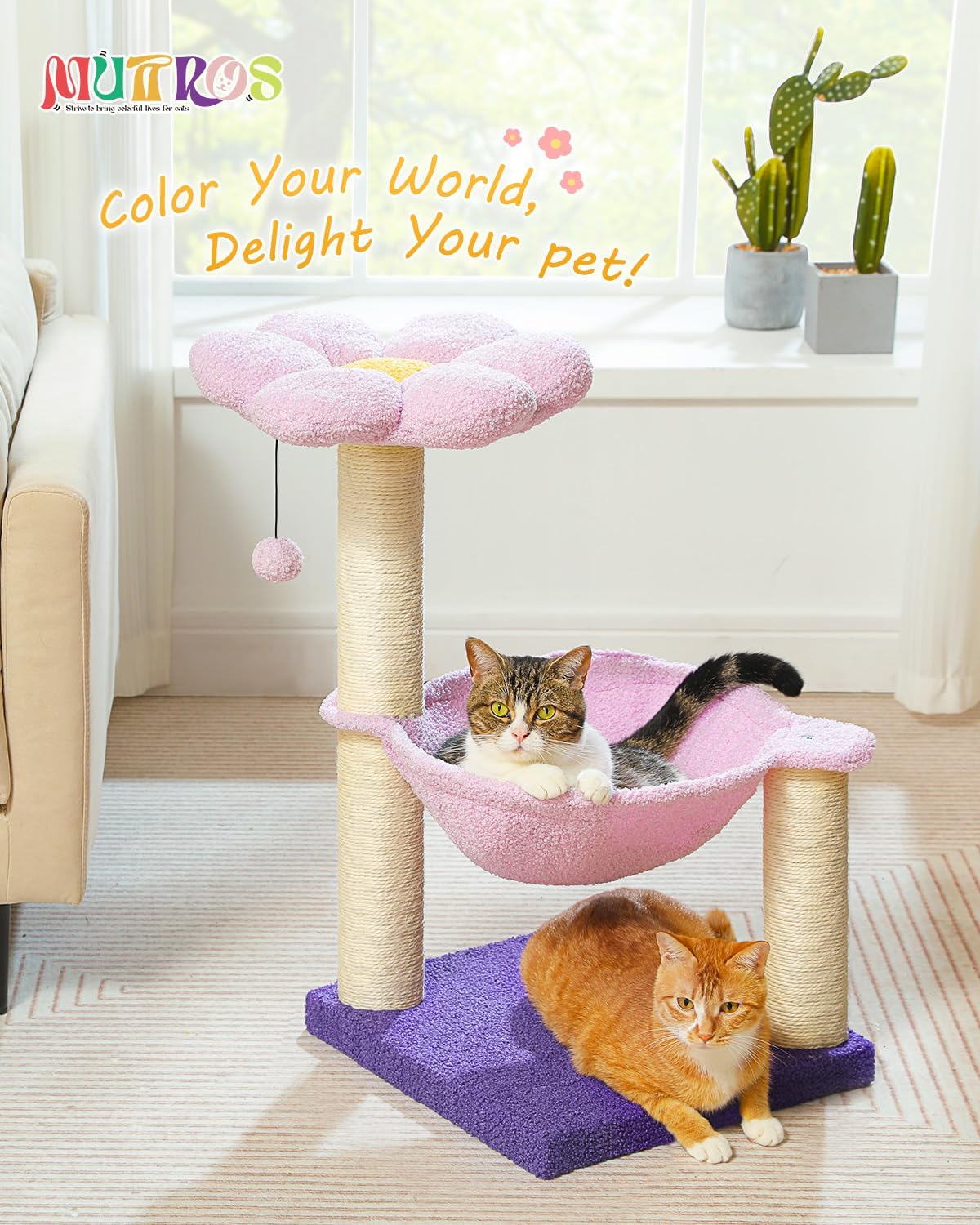 Flower Cat Scratching Post, 28" Cute Cat Tree Tower for Indoor Cats with Large Hammock Soft Perch Bed, Replaceable Toy Ball for Kittens, Purple