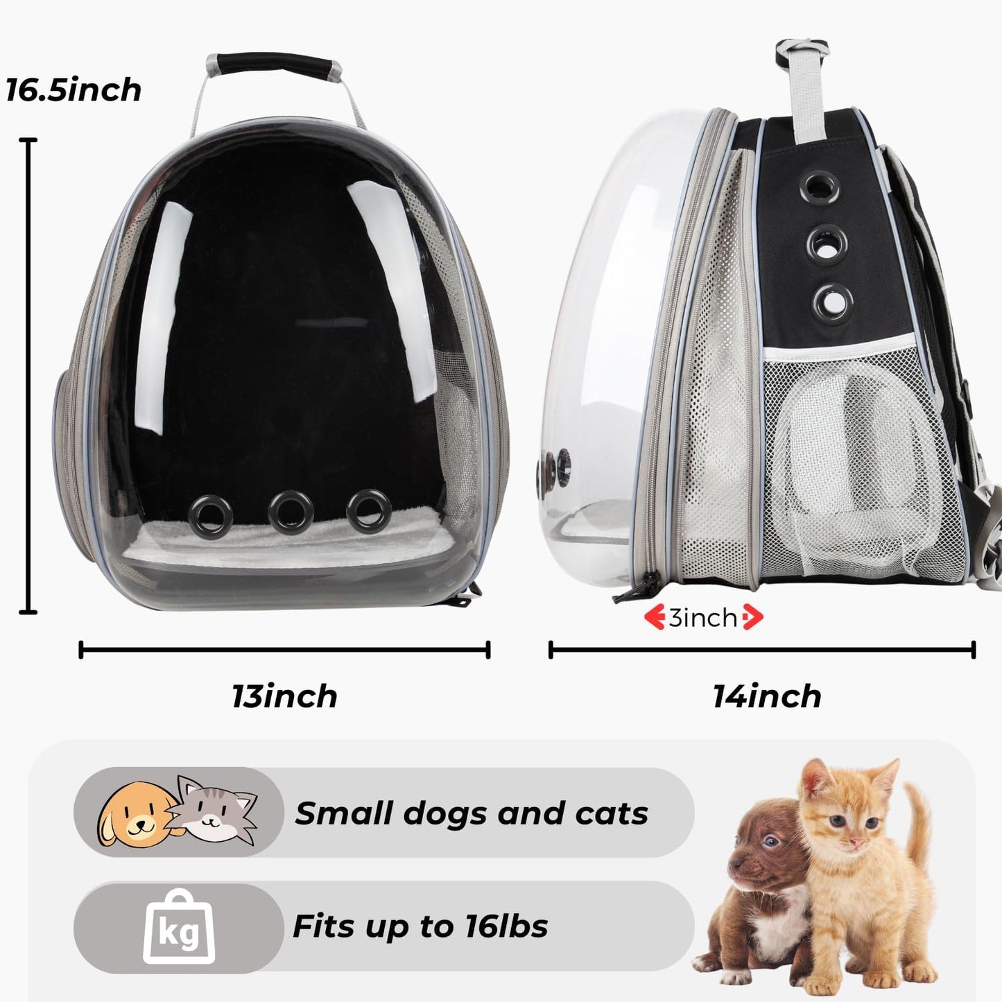 Lollimeow Cat Carrier Backpack, Bubble Expandable Backpack Carrier, Pets and Small Dogs,Airline-Approved, Designed for Travel, Hiking, Walking & Outdoor Use (Front Expandable-Black)