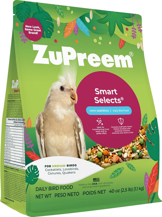 ZuPreem Smart Selects Pellets & Seed Blend, Daily Food for Cockatiel, Lovebird, Quaker, Conure, Lorikeet, Core Nutrition Food for Medium Birds, Essential Vitamins, Conure Feed (M, 2.5 lbs)