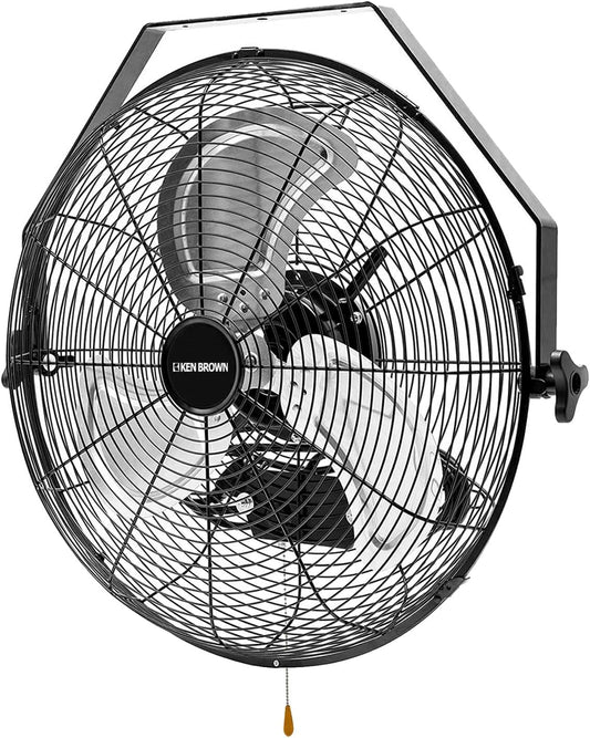 KEN BROWN 18 Inch Industrial Wall Mount Fan, 4300 CFM Metal Heavy Duty Fan, 3-Speeds High Velocity Oscillating Fans for Patios, Shop, Greenhouse, Garage, Commercial, Gazebo