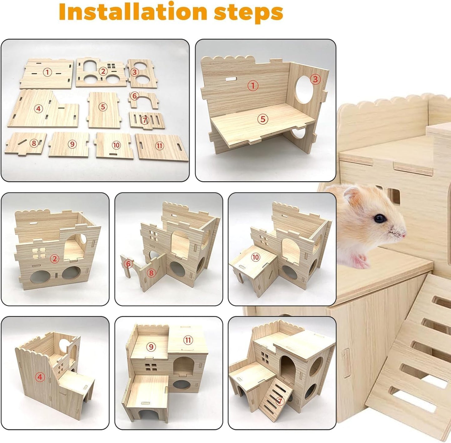 Hamster Toys 5-Piece Set ，Hamster House, Swing, Climbing Ladder, Seesaw & Exercise Wheel，Pet DIY Sport Exercise Toys Set, Small Animal Habitat Accessories ，Gerbils, Mice（Natural Wood）