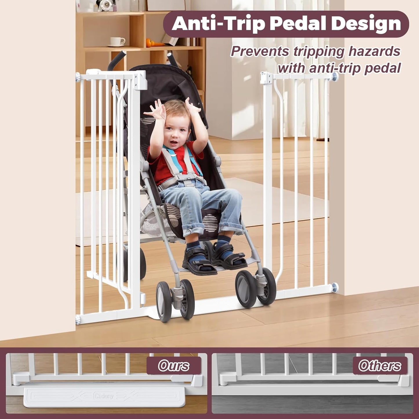 34" Extra Tall Baby Gate for Stairs, Auto Close Stroller Friendly Dog Gate Indoor for Doorways, Pressure Mounted 29"-45" W Baby Gate, Easy Walk Through Gate for Children & Pets, White