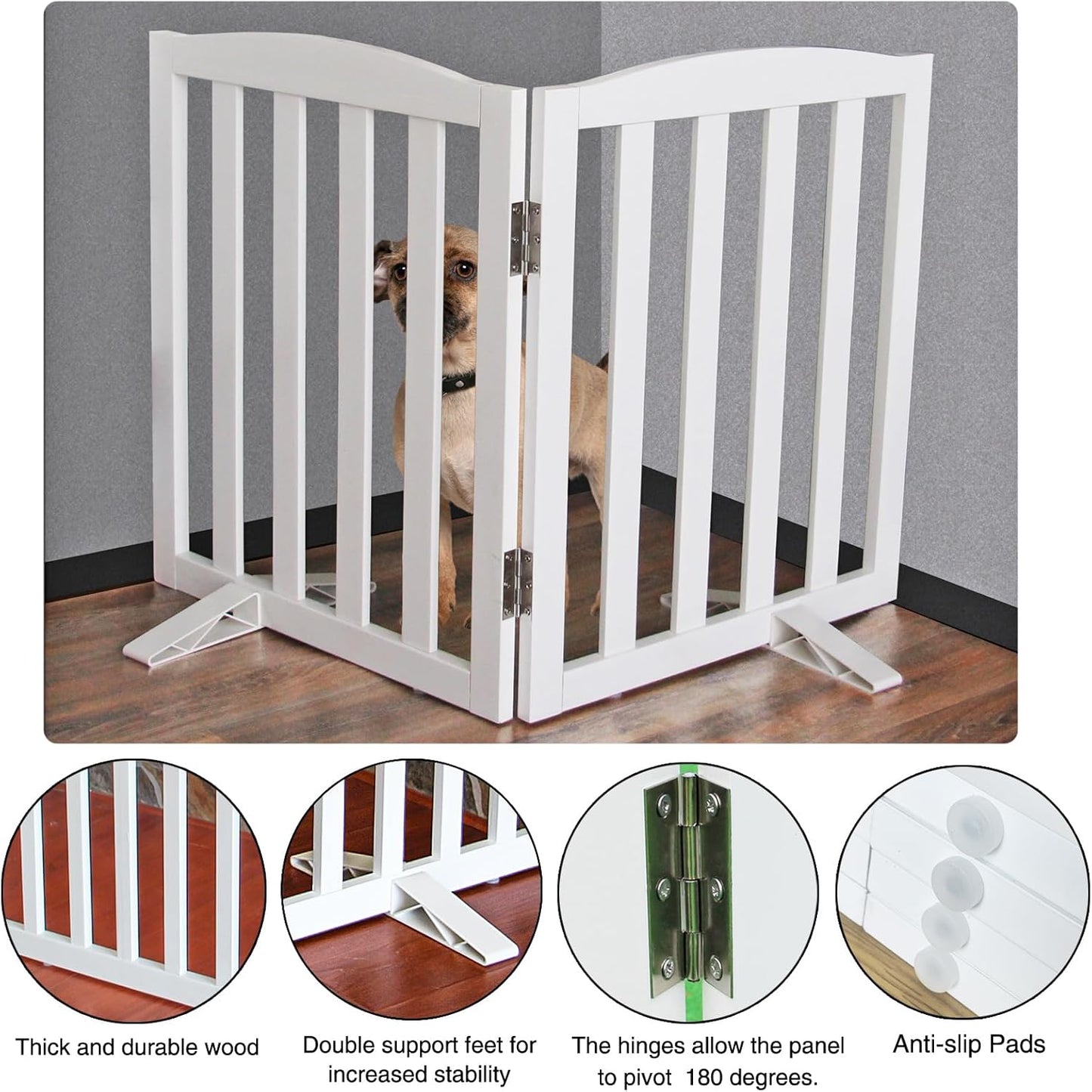 ZJSF Foldable Freestanding Indoor Dog Gate for House Wood White Long Pet Gates Dog Fence for Stairs Puppy Gates for Hallways,Pet Fence, Puppy Gate,Support Feet Included 32 "Height-2 Panels