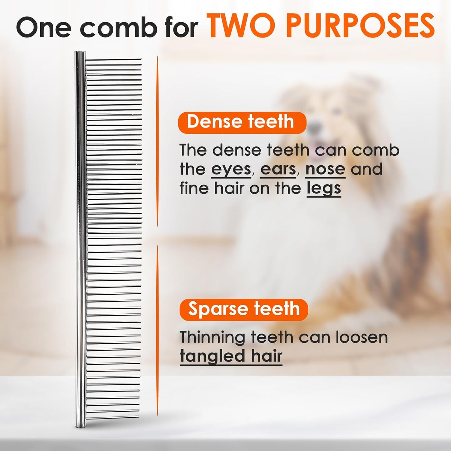 Dog Comb to Remove Tangles and Knots, Cat Comb with Stainless Steel Teeth and Non-Slip Handle, Dog combs for grooming matting for Long Haired Pets (Small)