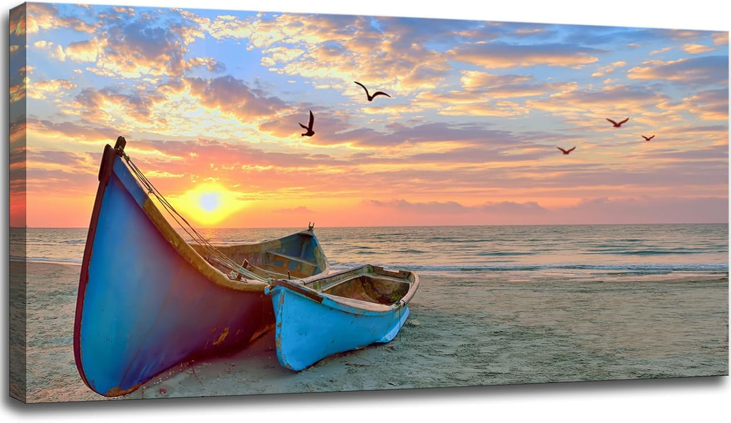 weiyiart Beach Wall Art Decor for Living Room Ocean Boat Canvas Picture for Wall Gold Sunset Painting for Bedroom Seascape Theme Art Print for Bathroom Home Office Decoration Ready to Hang 24x48 Inch