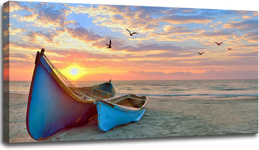 weiyiart Beach Wall Art Decor for Living Room Ocean Boat Canvas Picture for Wall Gold Sunset Painting for Bedroom Seascape Theme Art Print for Bathroom Home Office Decoration Ready to Hang 24x48 Inch