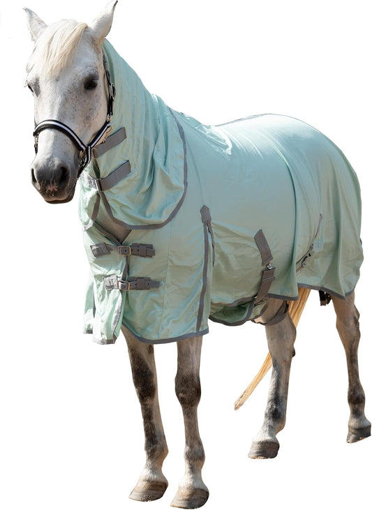 Horse Fly Sheet with Detachable Neck Cover & Belly Wrap, Adjustable Fly Sheet for Horses, Ventilated Airflow Mesh Equine Cooling Summer Flysheet Green 75