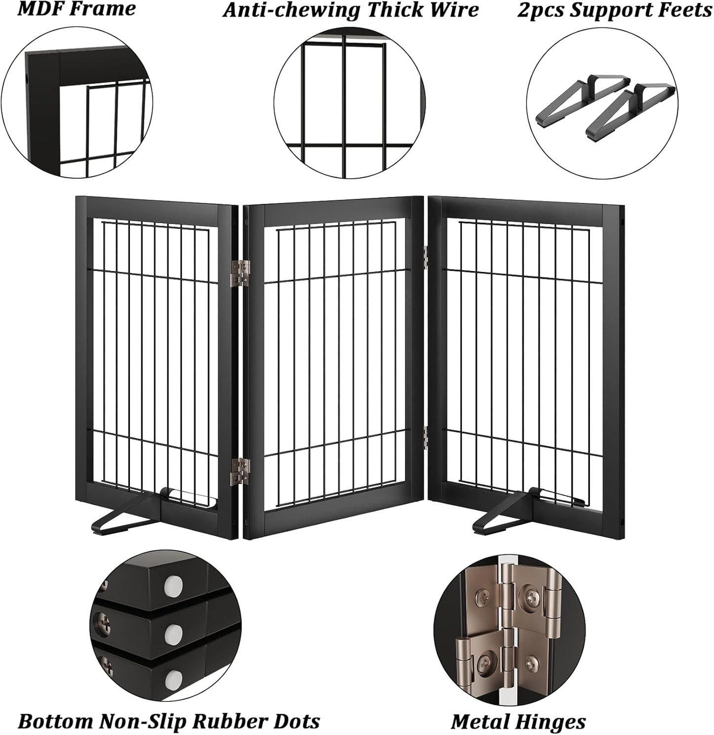 Wire Dog Gate Indoor, Dog Gates for Doorways, Stairs, 24-Inch Tall Freestanding Pet Gates for Dog, Puppy Fence (3 Panel, Black)