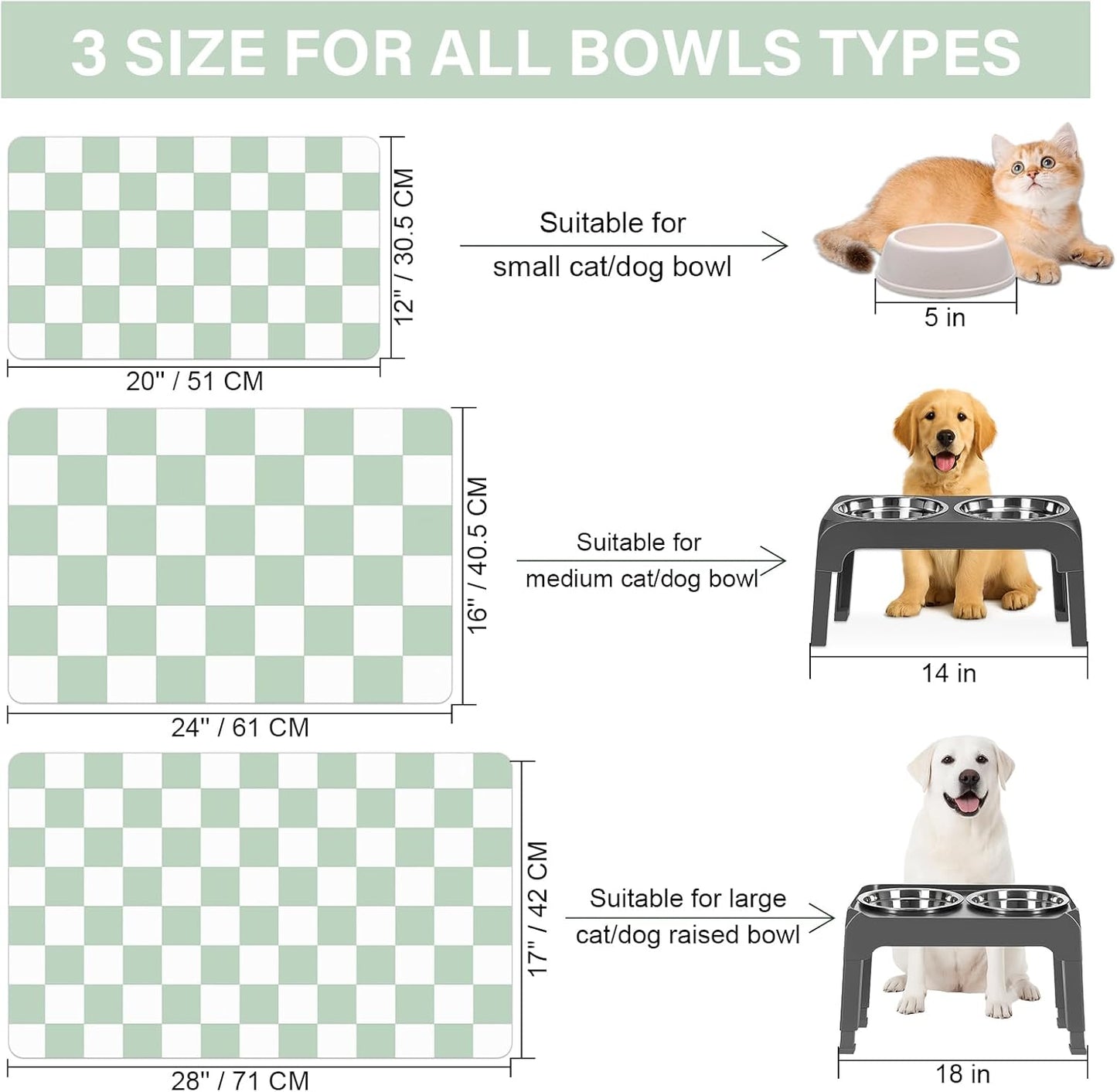 Pet Feeding Mat, 16"x 24" Absorbent Dog Food Mat, Checkered Cat Bowl Mats, Easy to Clean Pet Placemats, Quick Dry Dog Water Dispenser Mats for Messy Drinkers, Green & White