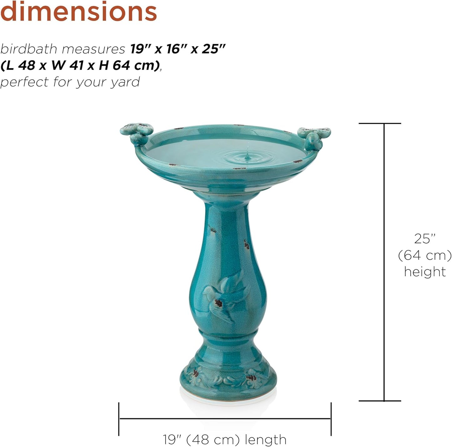 Alpine Corporation 25" Tall Outdoor Ceramic Antique Pedestal Birdbath with 2 Bird Figurines, Turquoise