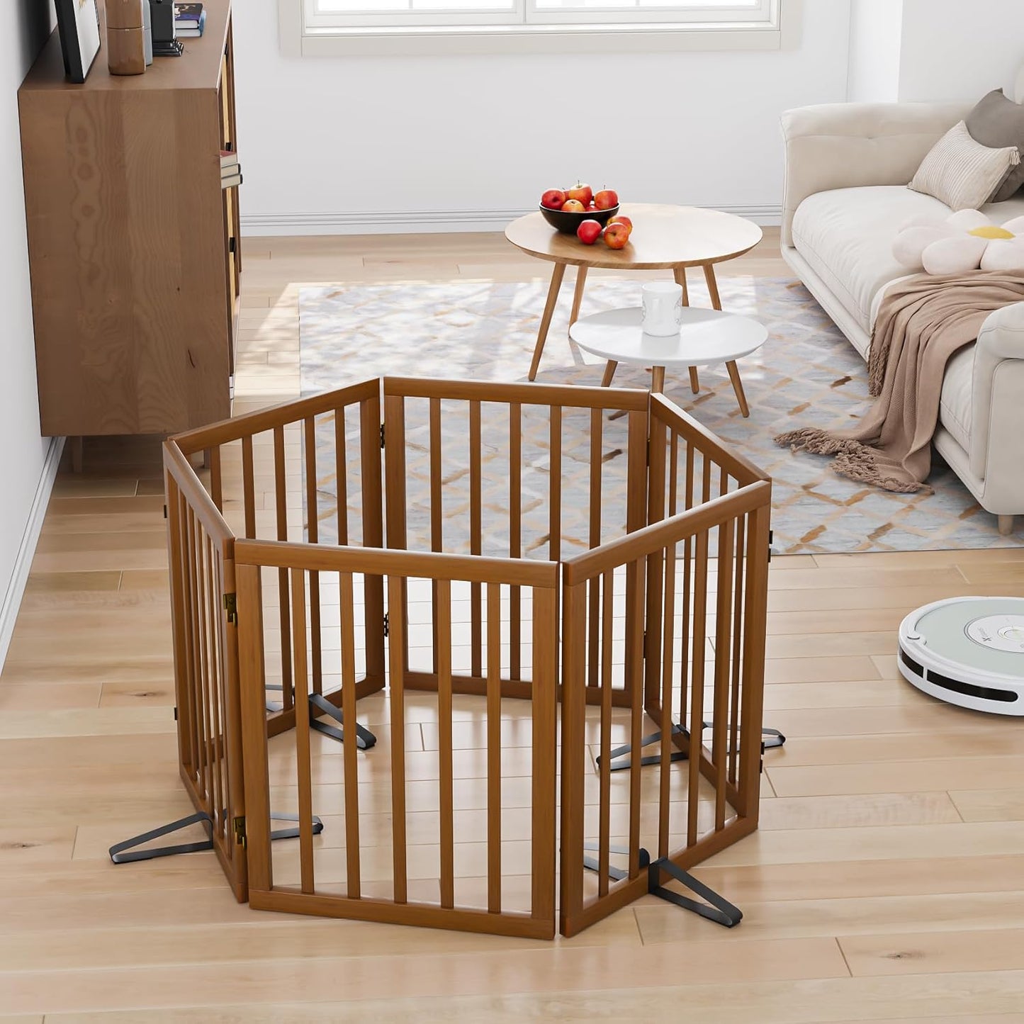 Freestanding Pet Gate Foldable Dog Gate (110 inches Wide) Walnut Bamboo Dog Gates for Stair Doorways House Puppy Fences Indoor (4 Support Feet Included)