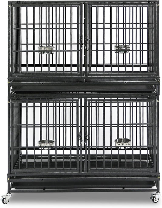 Homey Pet 43 inch Dog Crate Stackable Heavy Duty Dog Kennel Indoor Dog Grooming Cage with Detachable Divider, Removable Tray, Wheels, Feeding Bowls (2 Tiers)