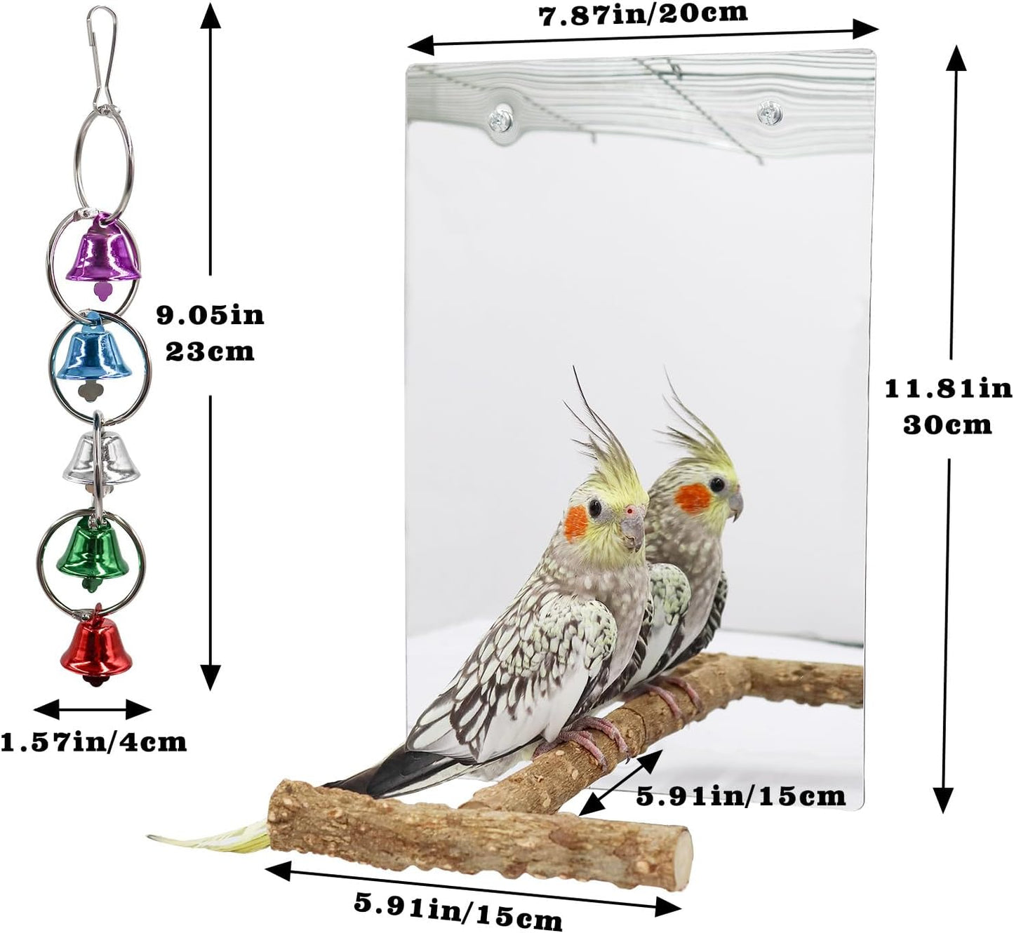 Oooct Large Bird Mirror Toy with Perch Stand, Parrot Parakeet Mirror with Bird Swing Bell Toys, Bird Cage Accessories, Suitable for Parakeet Cockatiel Conure Lovebirds - 11.8 × 7.9 Inch