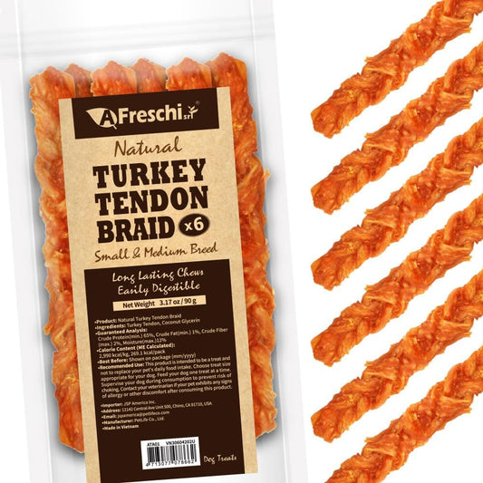 Afreschi Turkey Tendon Braid (M) 3.17 oz, USA-Sourced Turkey Tendon, All Natural Human Grade Dog Chew, Hypoallergenic, Rawhide Alternative, Dog Treats for Small & Medium Breeds