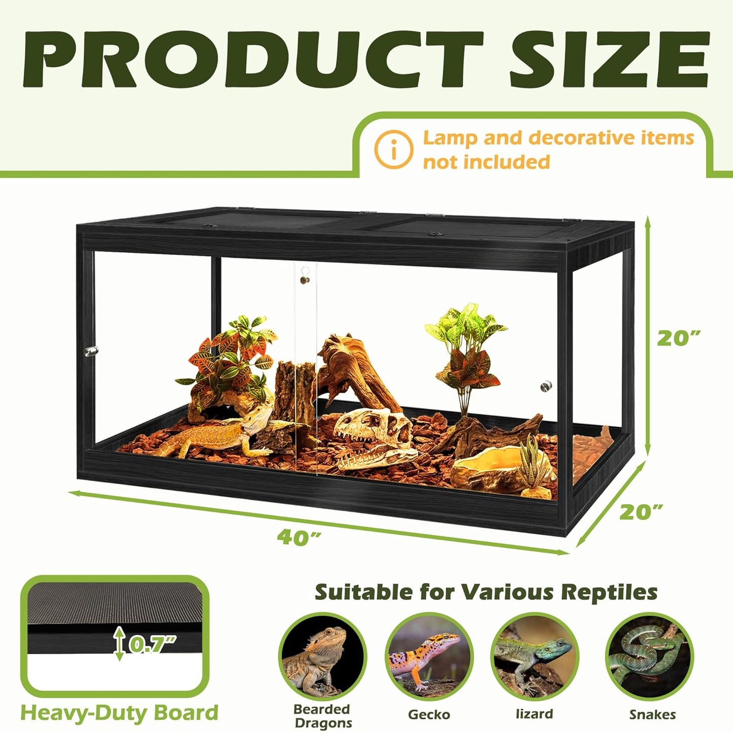 Prolee Tempered Glass Bearded Dragon Tank,Reptile Encloure and Snake Tank with Metal Mesh Roof Door,Locking Design Reptile Tank for Lizard,Gecko,Chameleon (Black, 63 Gallon (40x20x20 Inch))