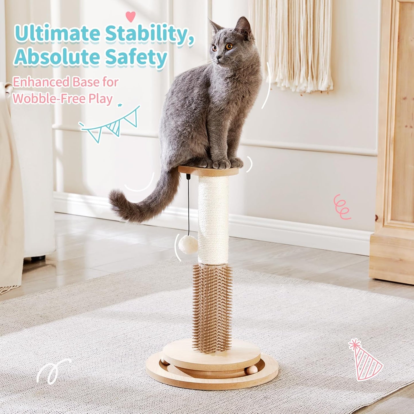 Made4Pets Cat Scratching Post 18" Tall for Small Kittens, 4-in-1 Cat Scratcher with Natural Sisal Ropes, Wooden Turntable Track Toy with Self Grooming Brush, Premium Scratch Pole with Plush Balls