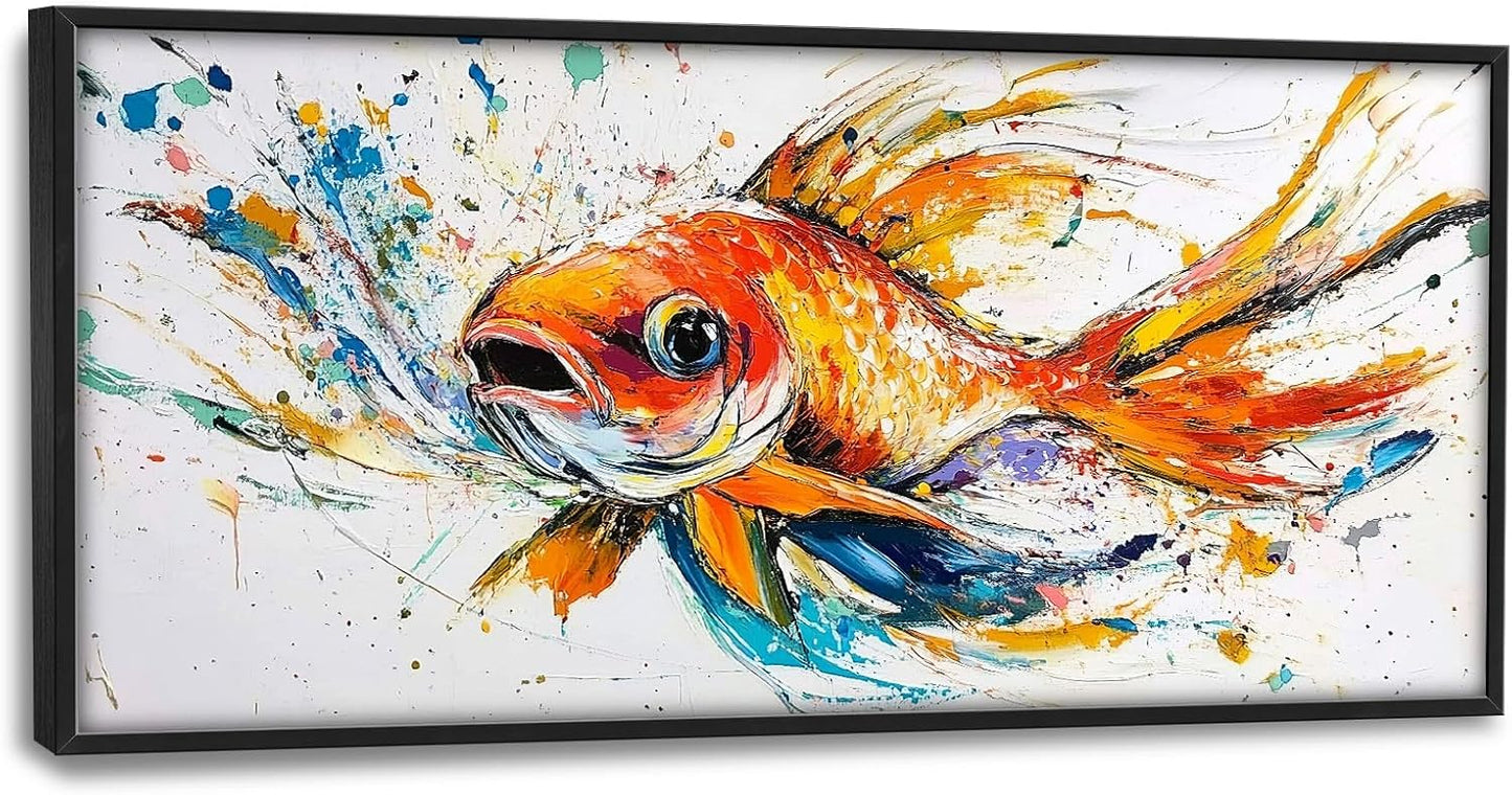 Framed Large Fish Wall Art for Living Room, Oversized Graffiti Goldfish Wall Decor Watercolor Fishing Canvas Painting Modern Artwork Home Decoration for Living Room Bedroom Office 60"x30"