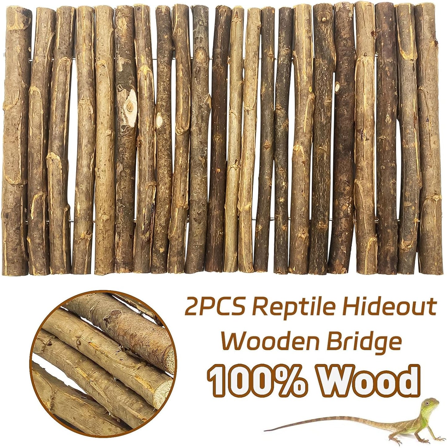 BNOSDM 2PCS Reptile Hideout Wooden Bridge 7.5"x13.4" Lizard Hide Caves Bearded Dragon Habitat Accessories for Gecko Snake Frog Chameleon Iguana Tortoise