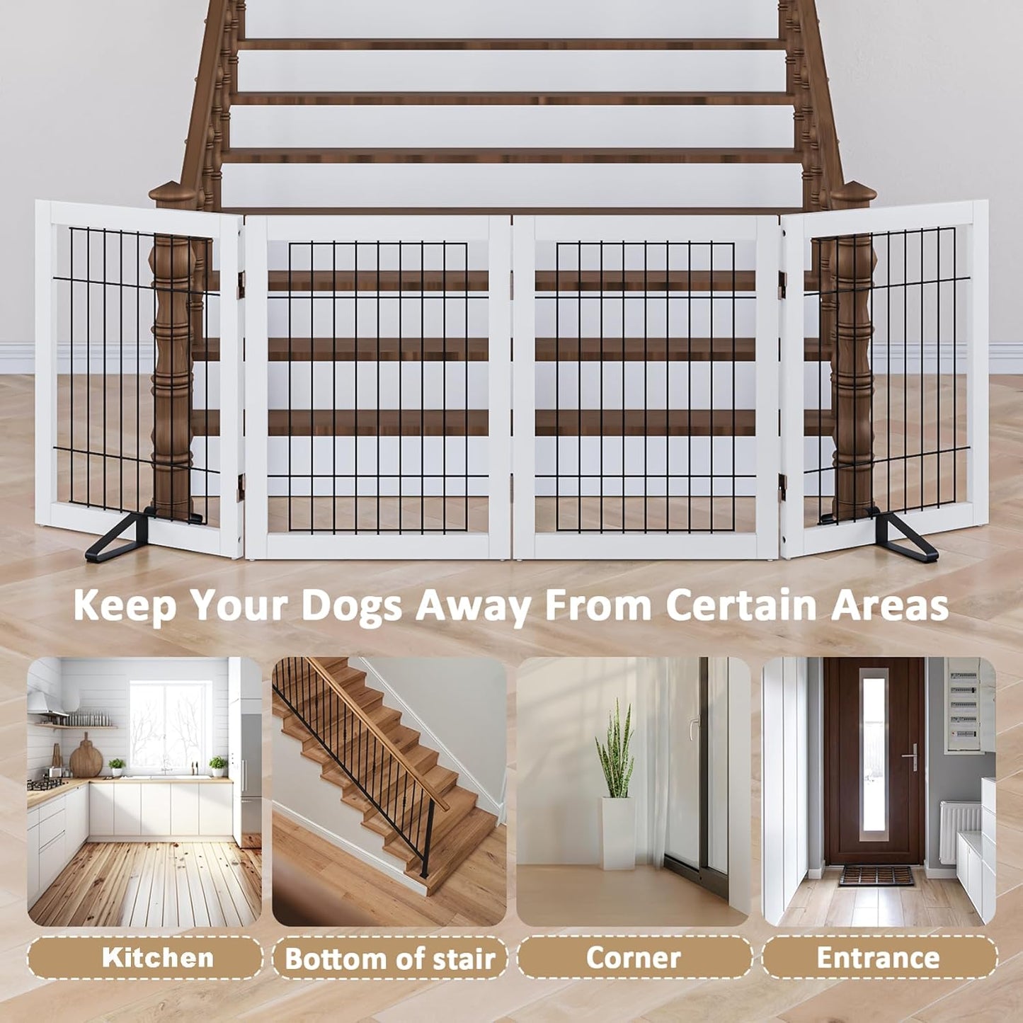 Dog Gate Indoor, Metal Dog Gates for Doorways House, 24-Inch Freestanding Pet Gates for Dogs, Puppy Fence (4 Panel, White)