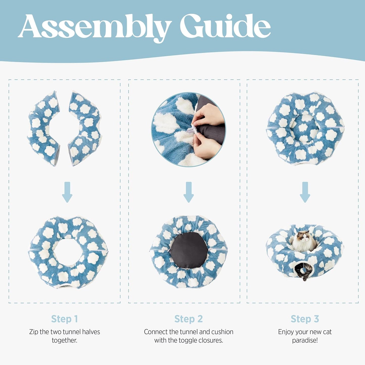 Lesure Cat Tunnel Bed for Indoor Cats - Cute Cat Donut Tunnel Toys with Washable Circle Cushion, Round Pet Peekaboo Cave Toy for Kitten/Puppy/Rabbit, Standard Ice Blue