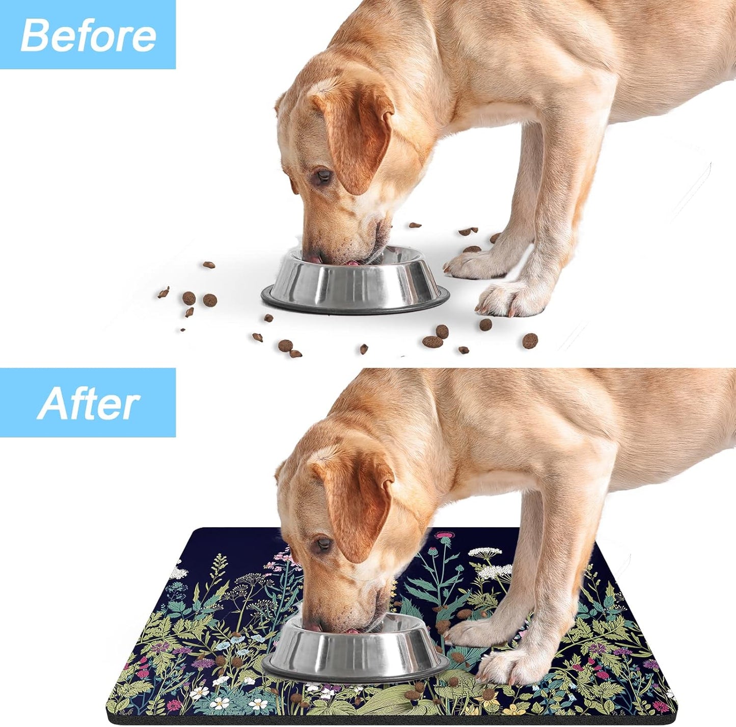 Rnivvi Dog Food Mat, 12" x 19" Flower Absorbent Dog Cat Bowl Mat for Food and Water, Cute Anti-Slip Rubber Pet Feeding Rug Protect Floors, Puppy Placemat for Feeding & Watering Supplies,Black Floral