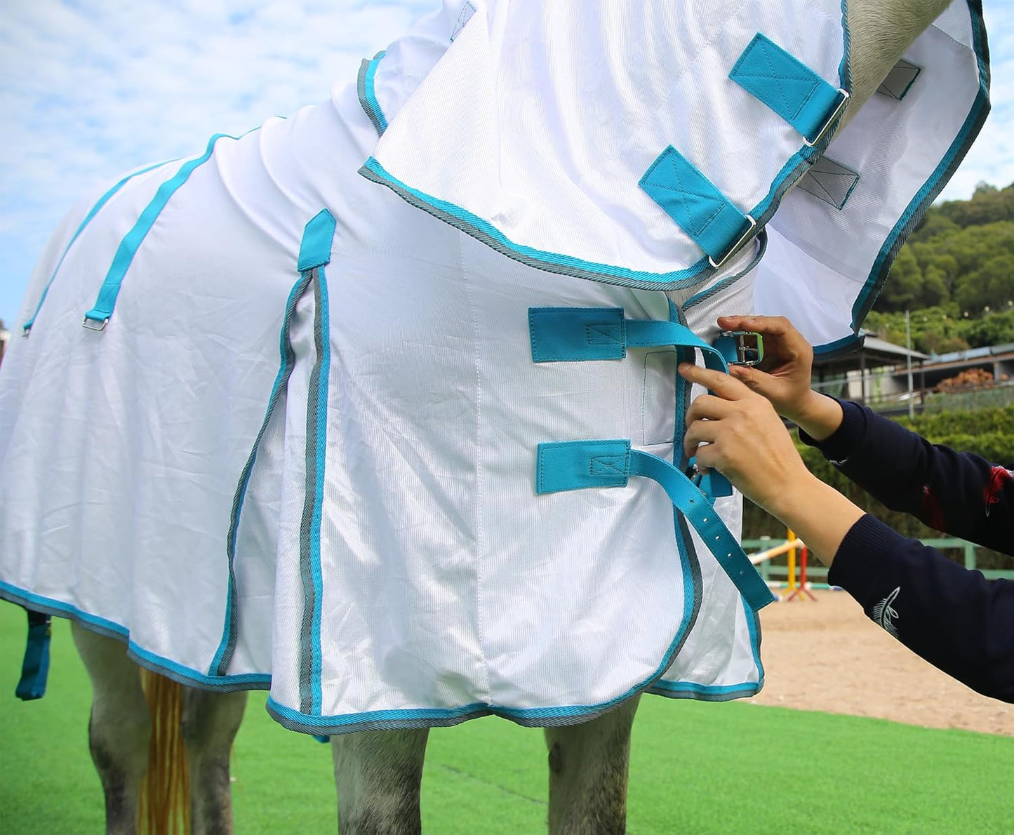 Horse Fly Sheet with Detachable Neck Cover & Belly Wrap, Adjustable Fly Sheet for Horses, Ventilated Airflow Mesh Equine Cooling Summer Flysheet White 81