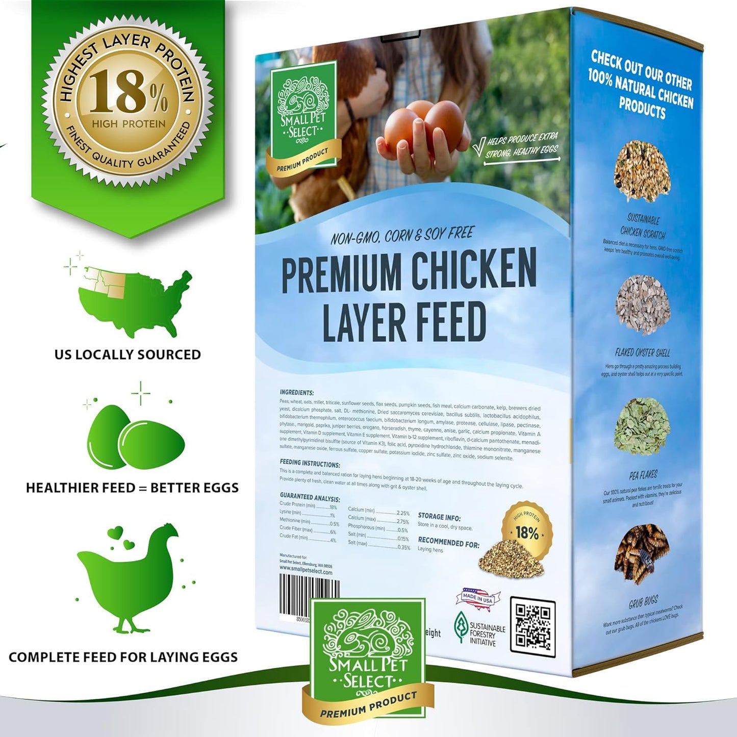 Small Pet Select Chicken Layer Feed Pellets, Food for Chickens and Laying Hens, Poultry and Waterfowl, High Protein and Omega 3, Corn and Soy Free, Non-GMO, 20 lb