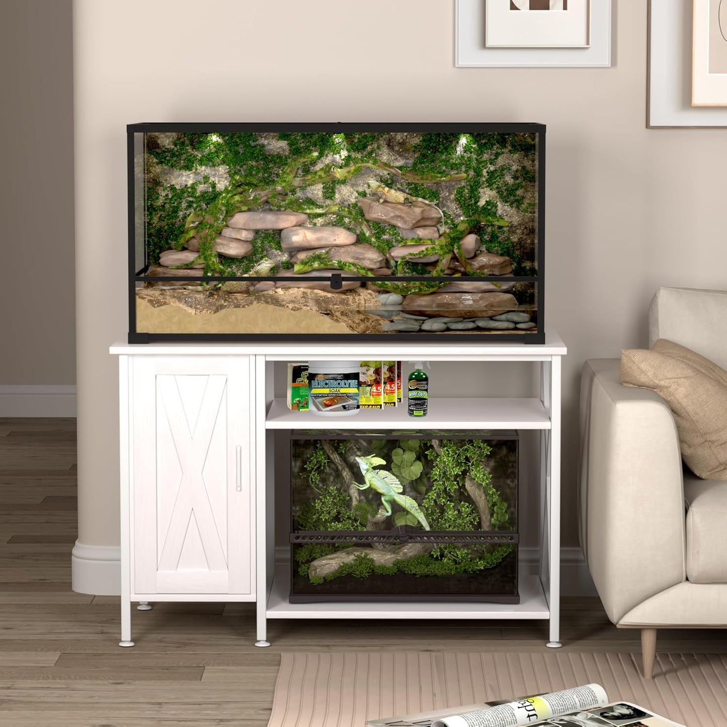 40-120 Gallon Reptile Tank Stand with Power Outlet, Terrarium Stand with Storage Cabinet, 48" X 24" Tabletop, Reptile Terrarium,Turtle Tank White PG08XYW