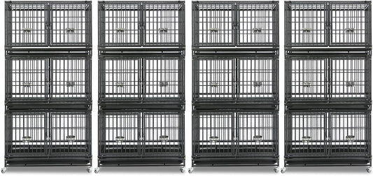 Homey Pet 4 Pack Three Tiers 43 inch Dog Crate with Wheels, Stackable Heavy Duty Indestructible Steel Dog Cage Kennel Indoor with Detachable Divider, Tray, Bowls, Escape Proof Locks