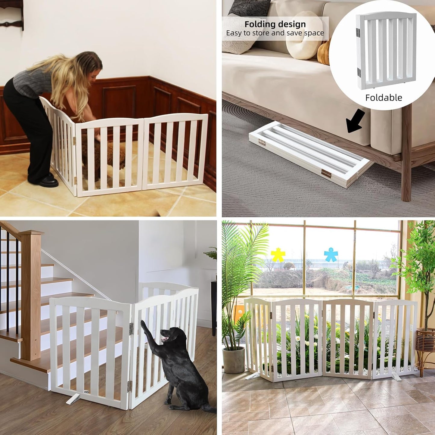ZJSF Foldable Freestanding Indoor Dog Gate for House Wood White Long Pet Gates Dog Fence for Stairs Puppy Gates for Hallways,Pet Fence, Puppy Gate,Support Feet Included 32 "Height-6 Panels