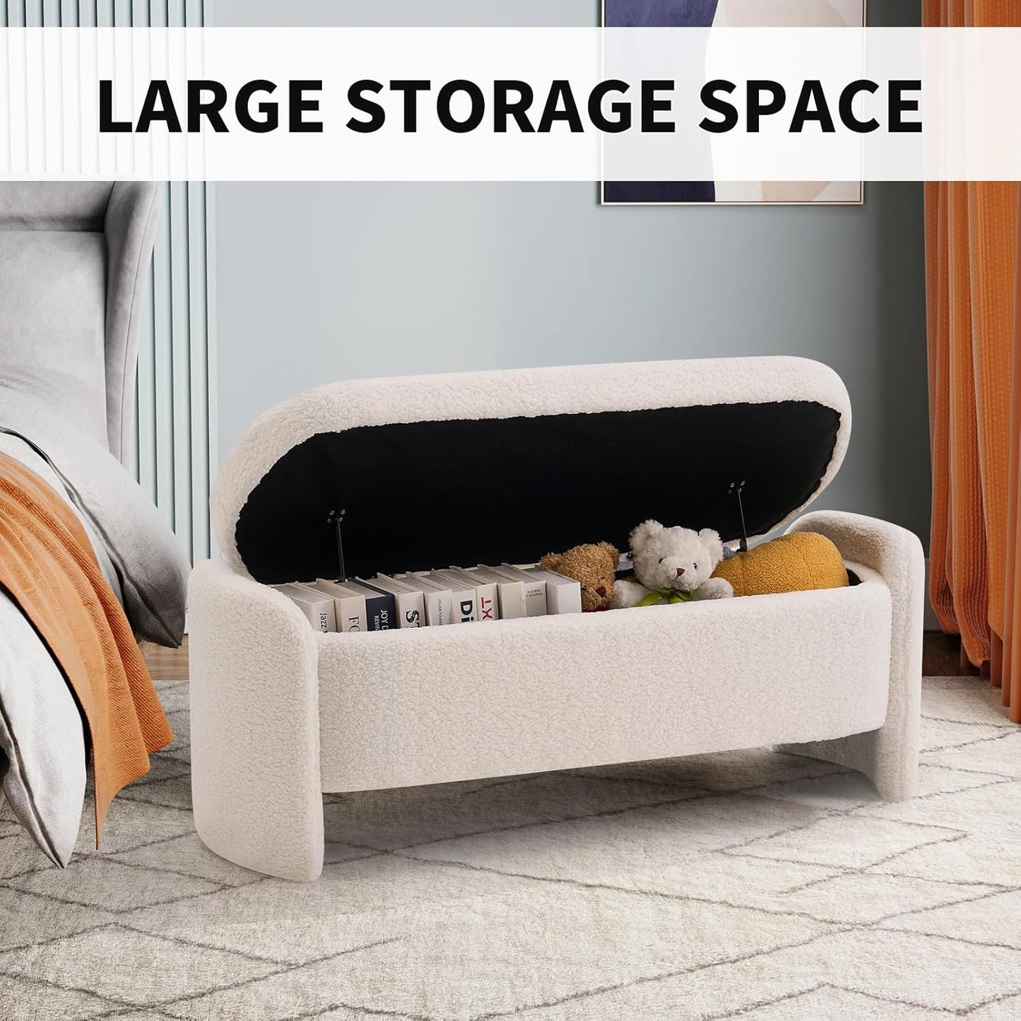 47.6 Inch Lamb Fleece Oval Storage Bench Upholstered Ottoman Bench with Storage, Bedroom Bench with Large Storage Space, for Bedroom Living Room Entryway, Beige