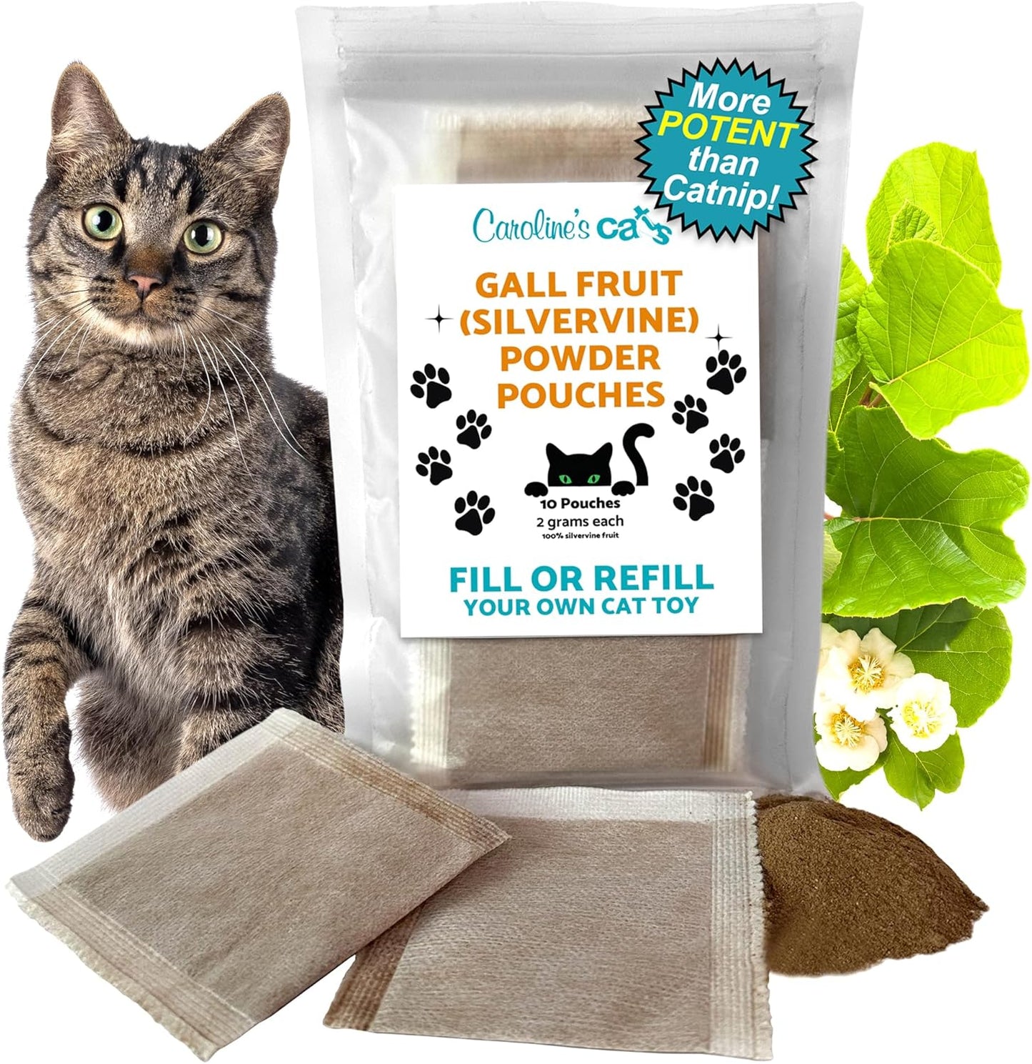 Caroline's Cats Silvervine Powder Packets for Cat Toys - Gall Fruit Refill Pouches More Potent Than Catnip Replacements for Flapping Bird, Flopping Fish, and More