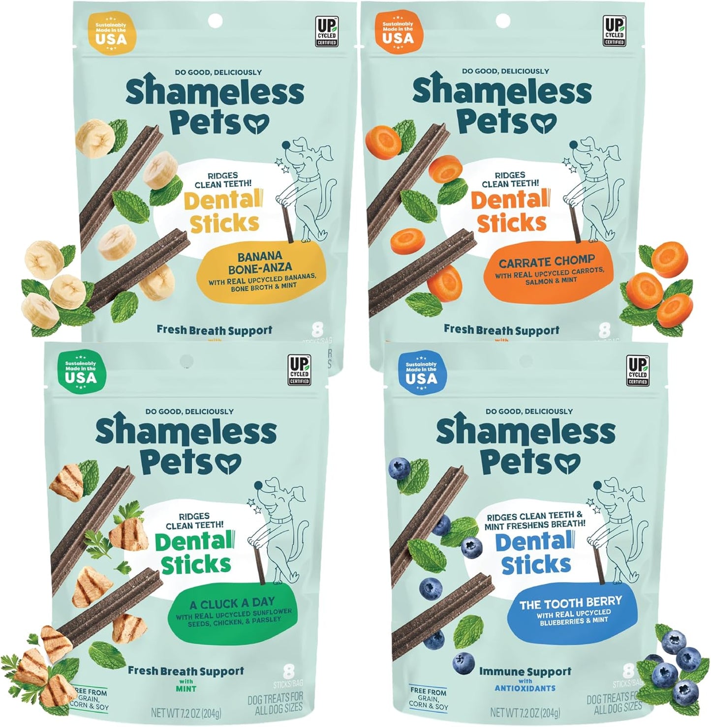 Shameless Pets Dental Treats for Dogs, Variety (4-Pack) - Healthy Sticks for Teeth Cleaning & Fresh Breath - Dog Bones Dental Chews Free from Grain, Corn & Soy