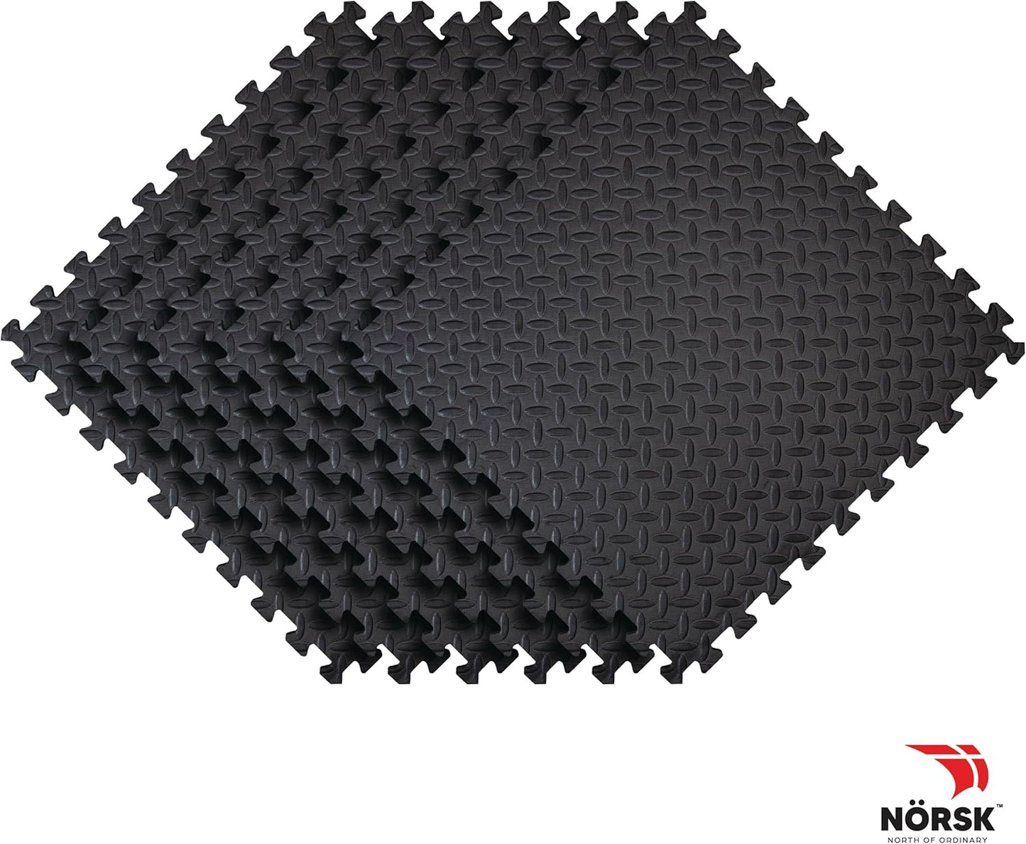 Norsk Foam Floor Gym Mats with Interlocking Tiles, .47" Thick, 24"x24", 18-Pack, 72 Square Feet, Diamond Plate Design, Black