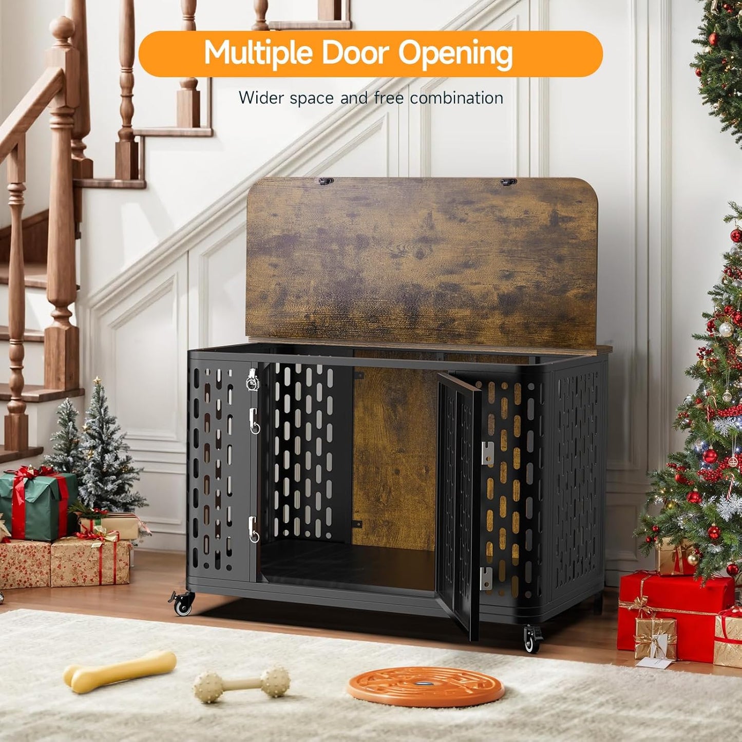 Dog Crate with Cushion, 38" Wood Heavy Duty Dog Crate Furniture with Flip Top & Wheels for High Anxiety Dogs, Escape Proof Pet Cage for Small/Medium Dogs