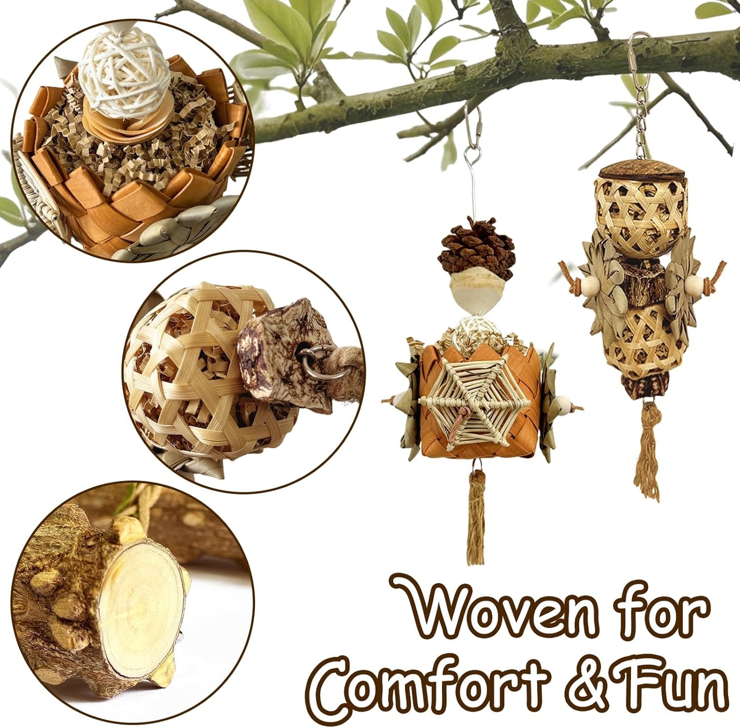 5-Pack Natural Hanging Basket Bird Toys – Foraging & Chewing Toys for Parakeets, Cockatiels, Conures & Small Birds – No Plastic, All-Natural Materials