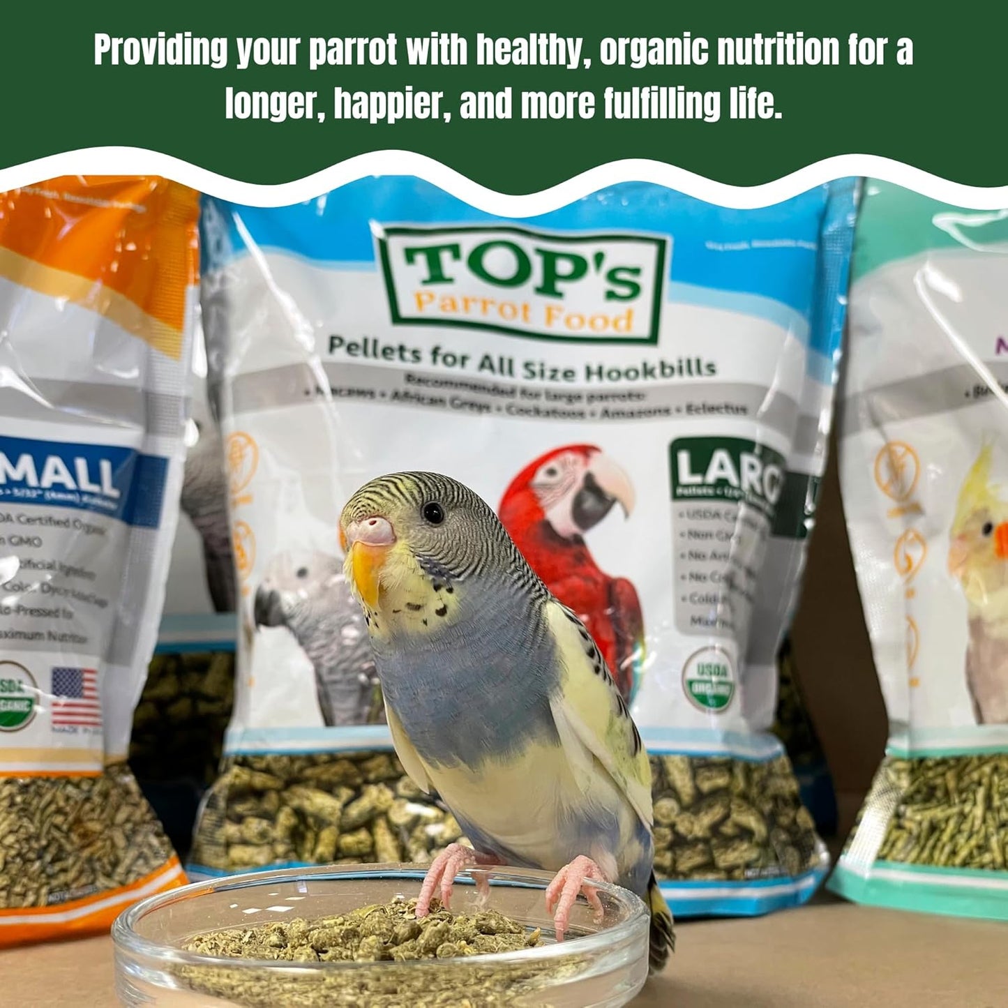 TOP's Parrot Food Mini Pellets Bird Food for Budgies, Cockatiels, Parrotlets, Lovebirds, Parakeets - Non-GMO, Peanut Soy & Corn Free, USDA Organic Certified - 4LBS