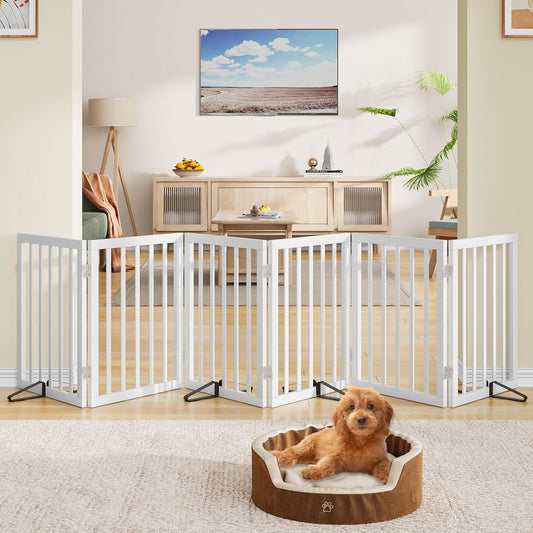 Wooden Dog Gate Freestanding Foldable 6 Panel Pet Gates Extra Wide Dog Gates for Indoor Doorways Stairs 24in Height Support Feet Included