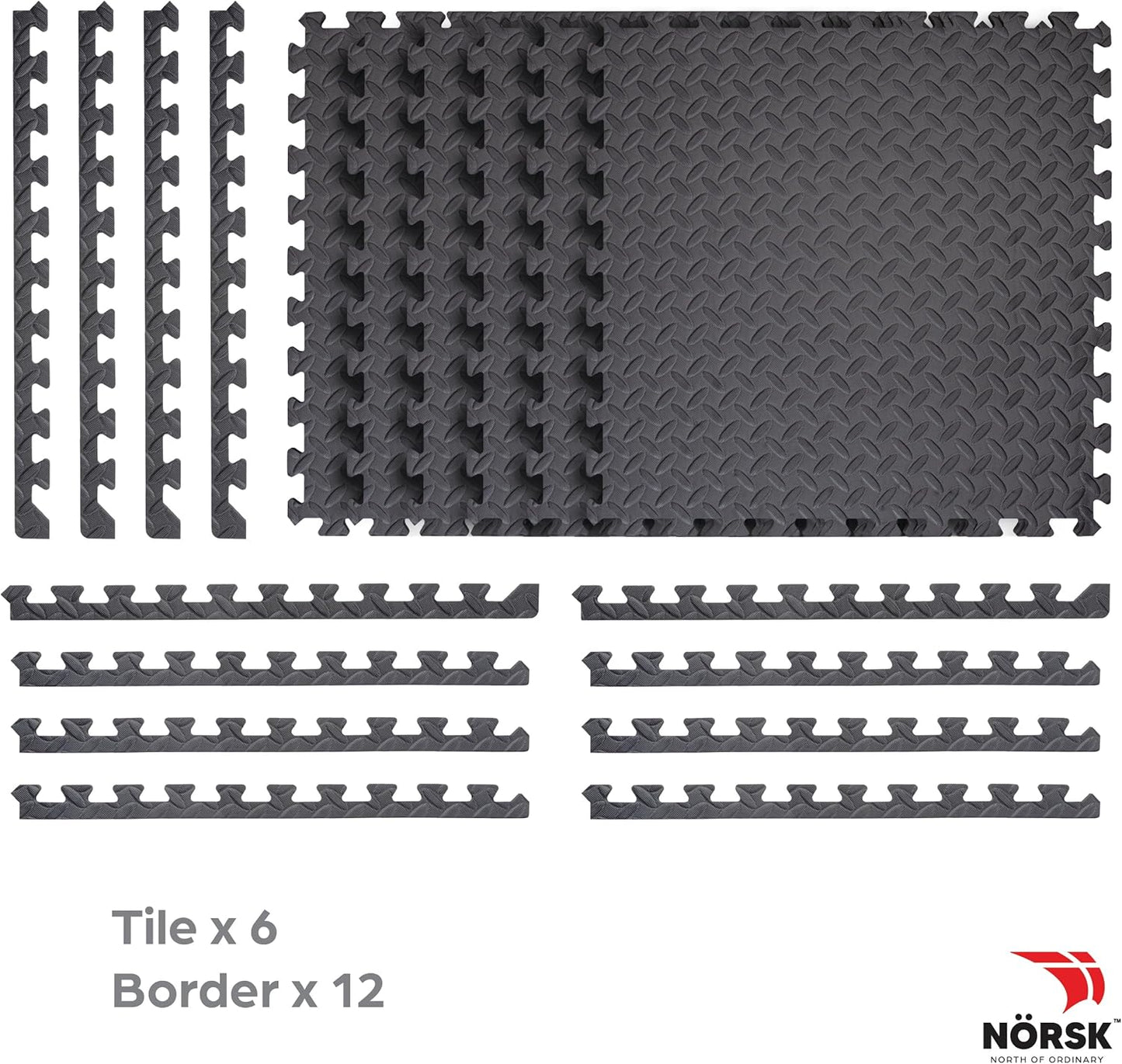 Norsk Foam Floor Gym Mats with Interlocking Tiles, .47" Thick, 24"x24", 60-Pack, 240 Square Feet, Diamond Plate Design, Grey